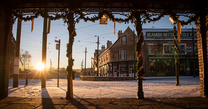 View of early morning frost and sunrise at the Beamish Museum 1900s town during Christmas season